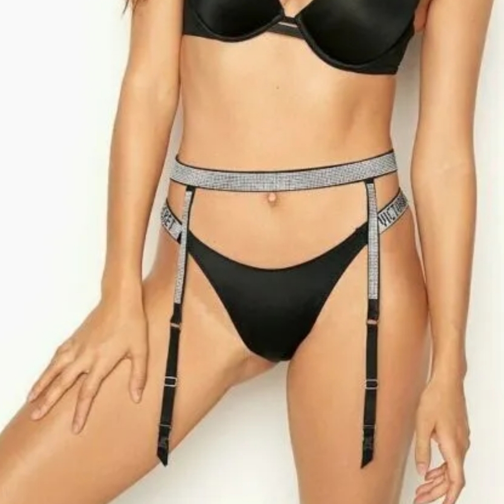 Victorias Secret Black Shine Strap Rhinestone Garter